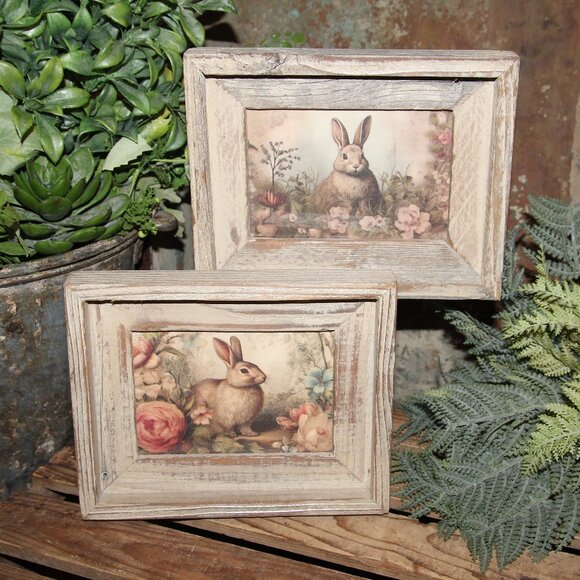 NEW French Country Farmhouse Sweet Woodland Bunny Rabbit & Floral Picture Set - Picture 1 of 5